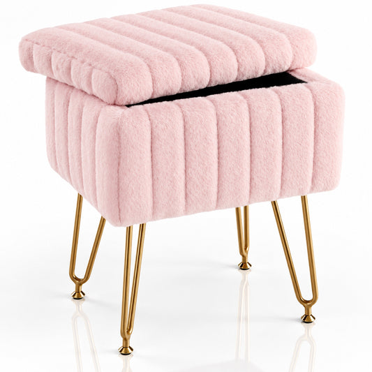 Pink faux fur channel-tufted storage ottoman with the lid partially open on gold hairpin legs.