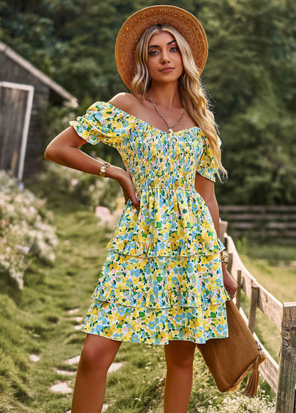 Floral Dress with Off Shoulder Ruffle Hem and High Waist Silhouette