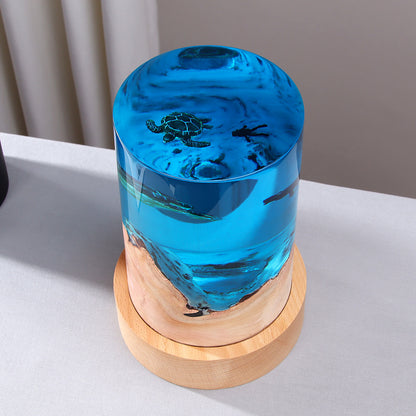 Ambient Fish Tank Desk Lamp with Solid Wood and Resin Cylinder Creates Warm Ambient Glow for Modern Home Office