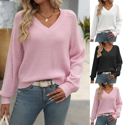 Hollow-Out Sweater with V-Neck and Wool Blend