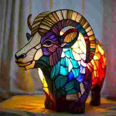Animal sculpture lamp ram night light stained glass bedside decor