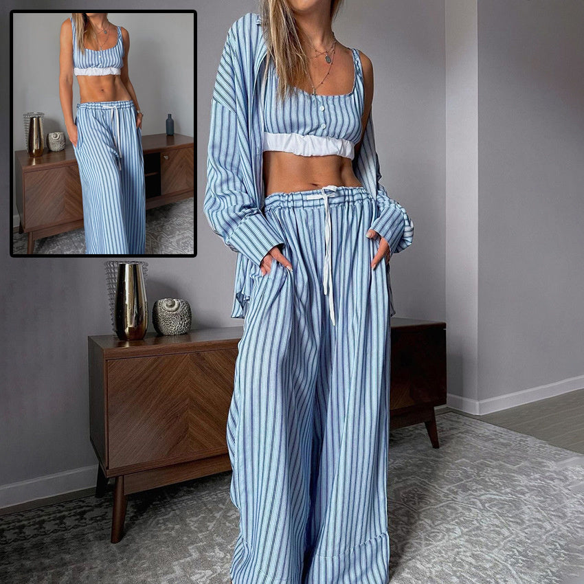 This Is Your Perfect Luxurious Three Piece Suit Set With Striped Tank Top Long Sleeve Shirt And Elastic Waist Trousers.