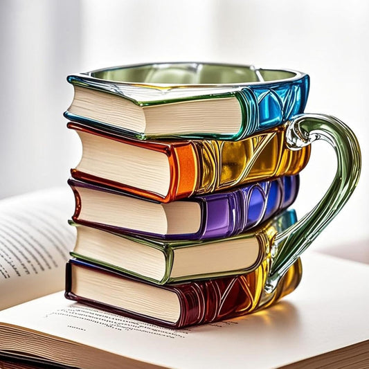 Colorful glass coffee mug shaped like a stack of five books resting on an open book.