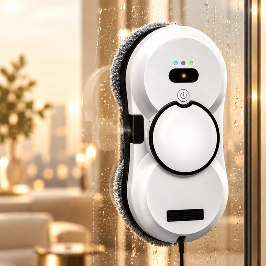 White automatic window cleaning robot attached to a wet glass window with water drops.