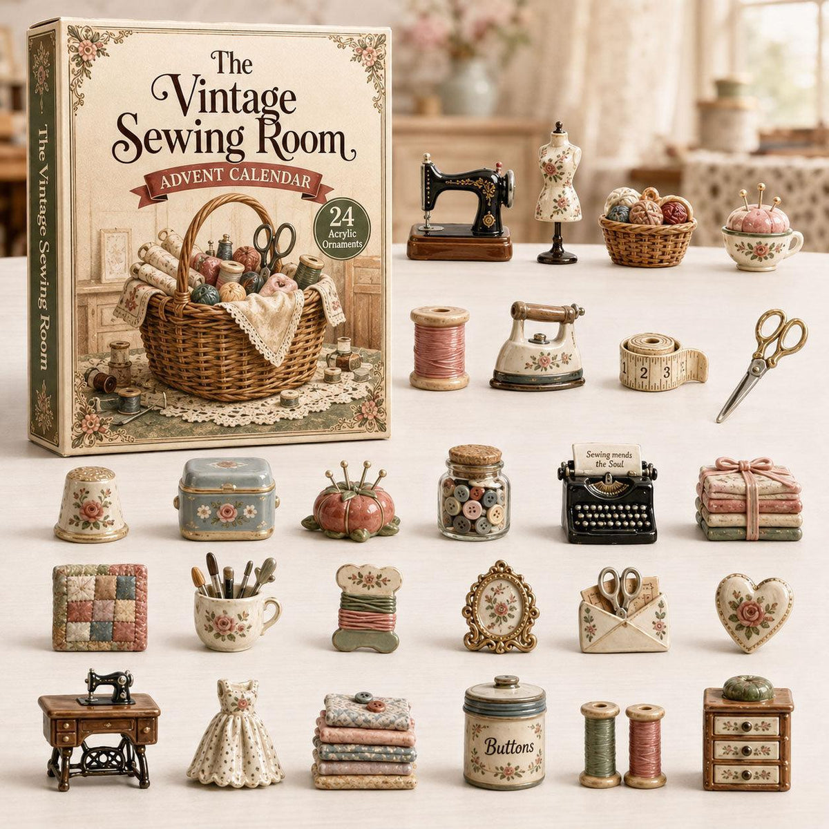 Advent calendar box with twenty-four miniature sewing room themed acrylic ornaments displayed on a table.
