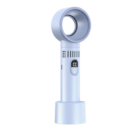 Bladeless fan with digital display and quiet airflow on stand