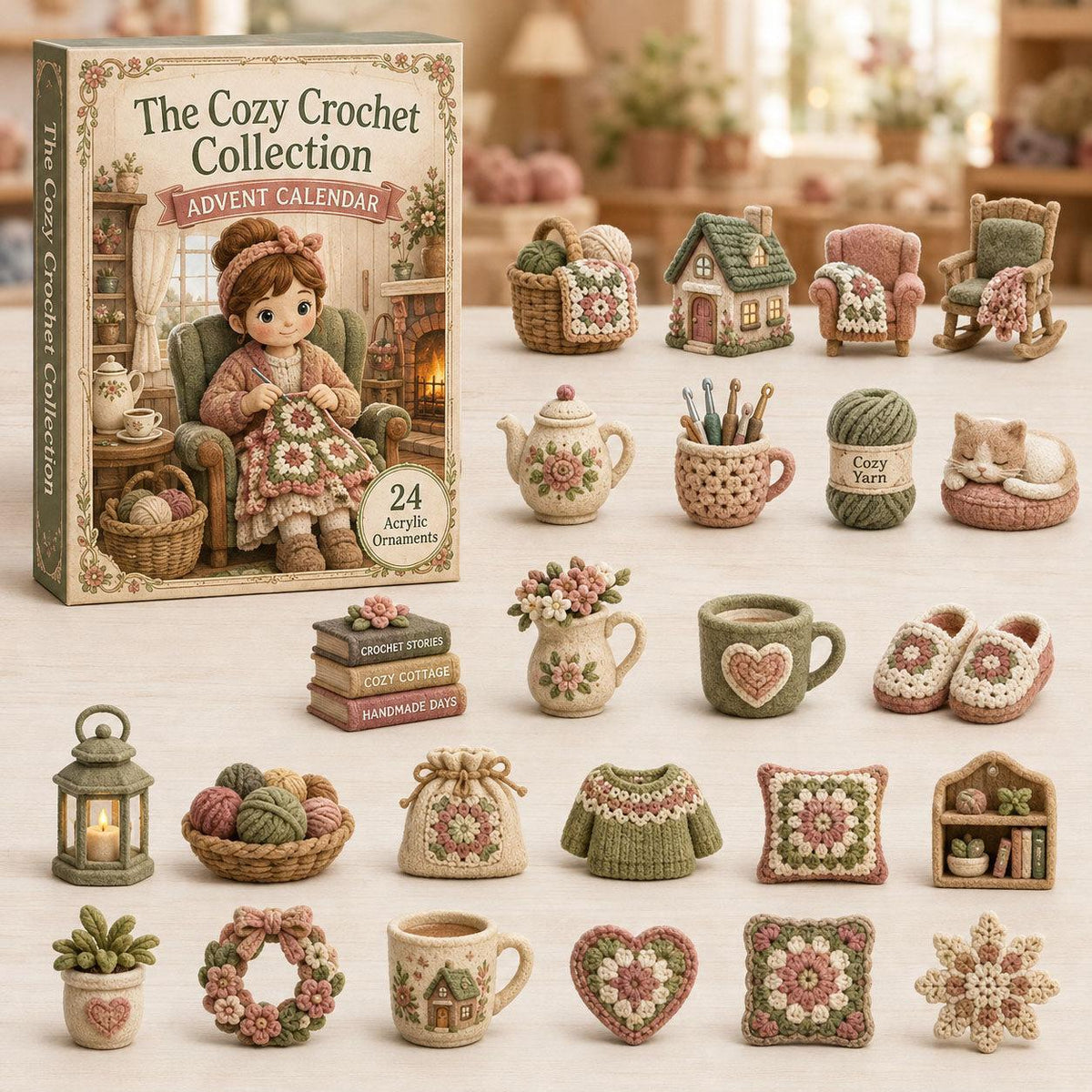 Advent calendar box with 24 miniature crocheted ornaments laid out, including a cottage, teapot, armchair, and yarn.