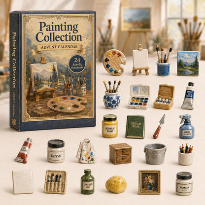 Painting themed miniature advent calendar box with twenty-four acrylic art supply ornaments.