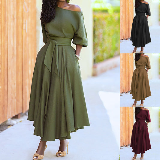 Women's Off Shoulder Bodycon Dress with Tie Waist Solid Color