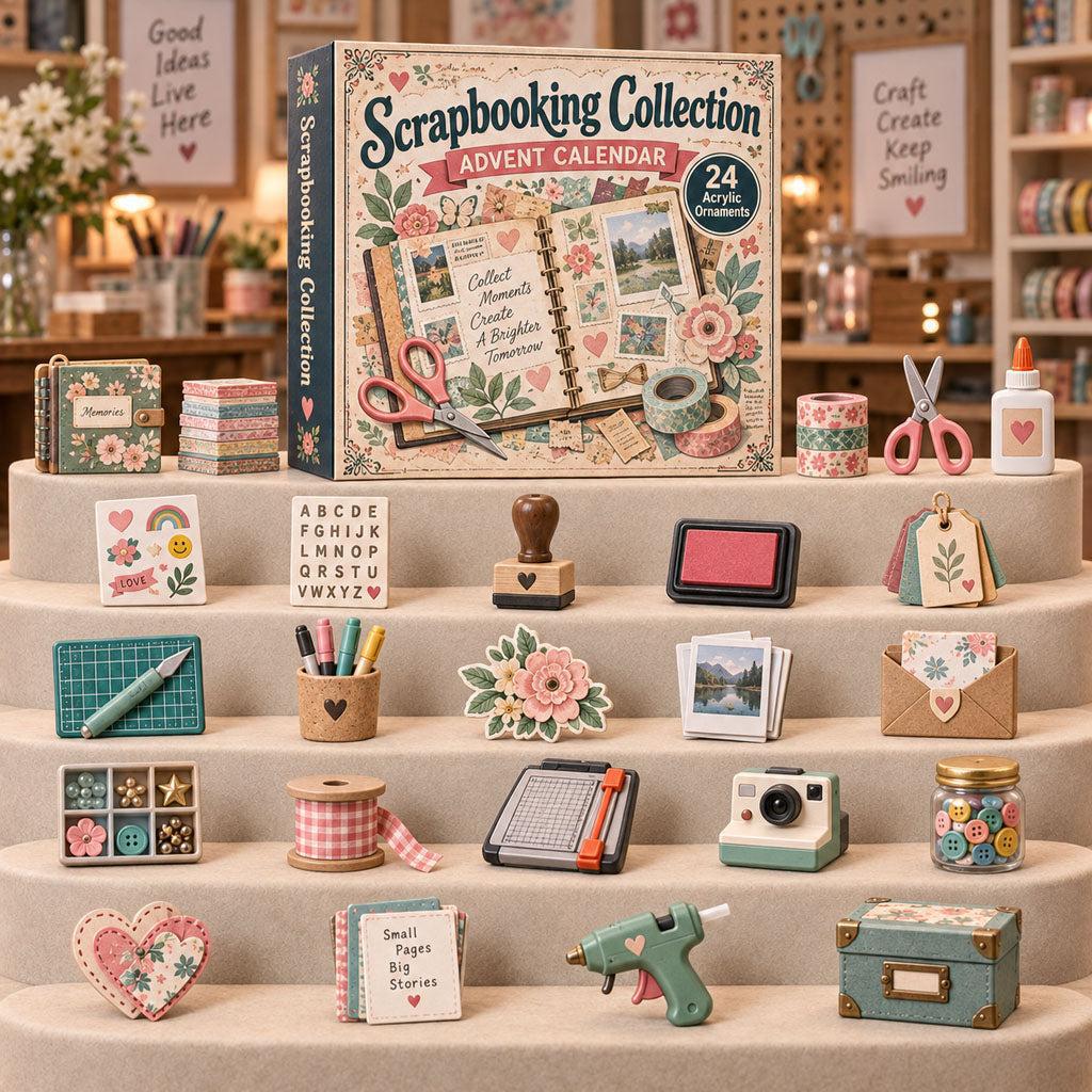 Scrapbooking collection advent calendar box displayed with twenty-four miniature craft hobby surprises on tiered steps.