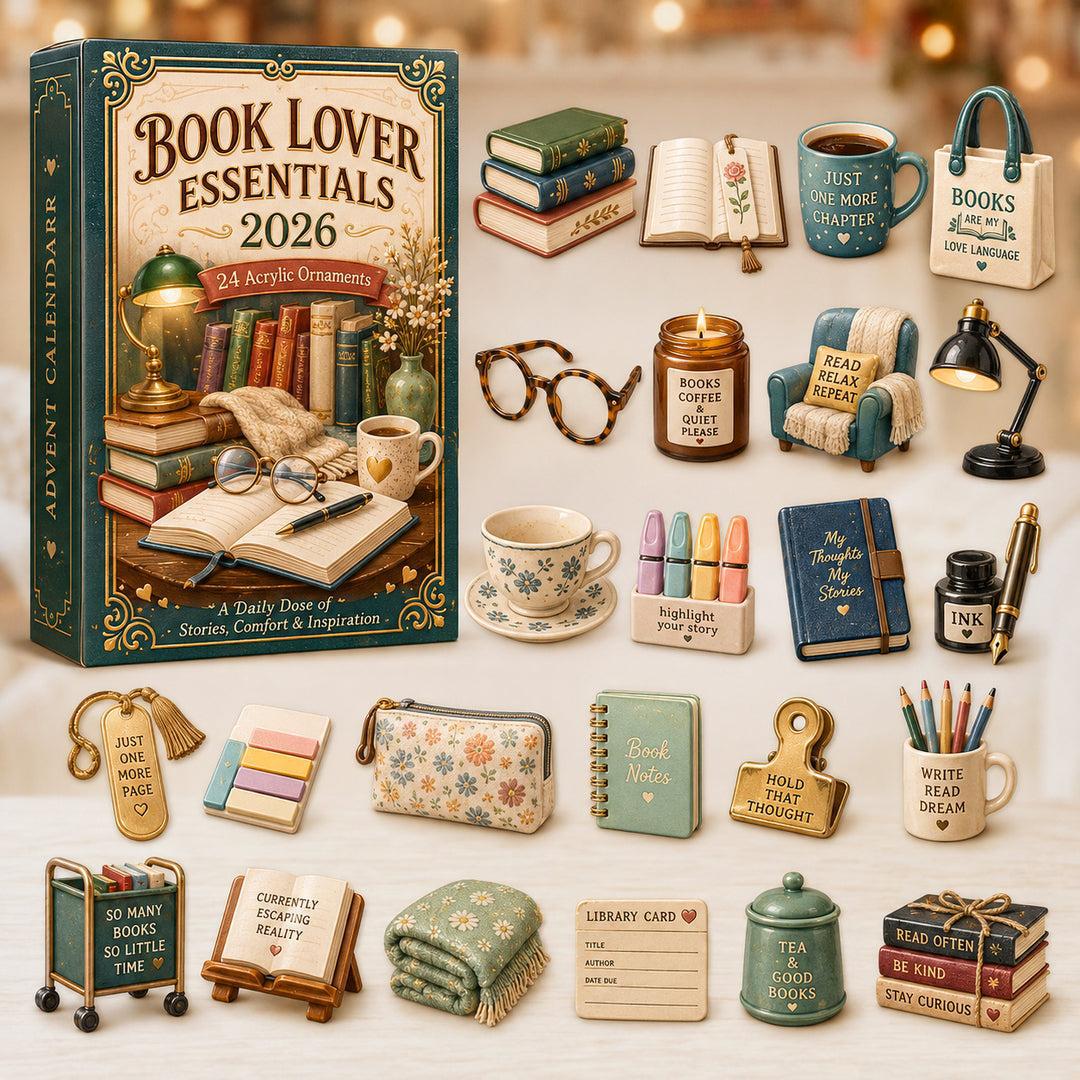 Advent calendar box with 24 miniature book-themed acrylic ornaments and accessories laid out