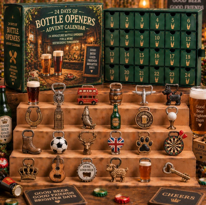 Advent calendar for bottle openers with a green box and 24 miniature bottle openers displayed on steps.