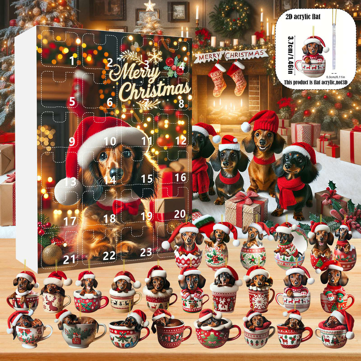 Dachshund advent calendar with dog cup ornaments