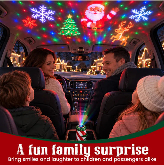 Car interior projector casting festive Christmas patterns on the ceiling