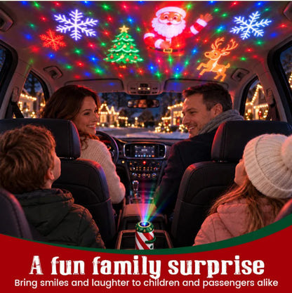 Car interior projector casting festive Christmas patterns on the ceiling