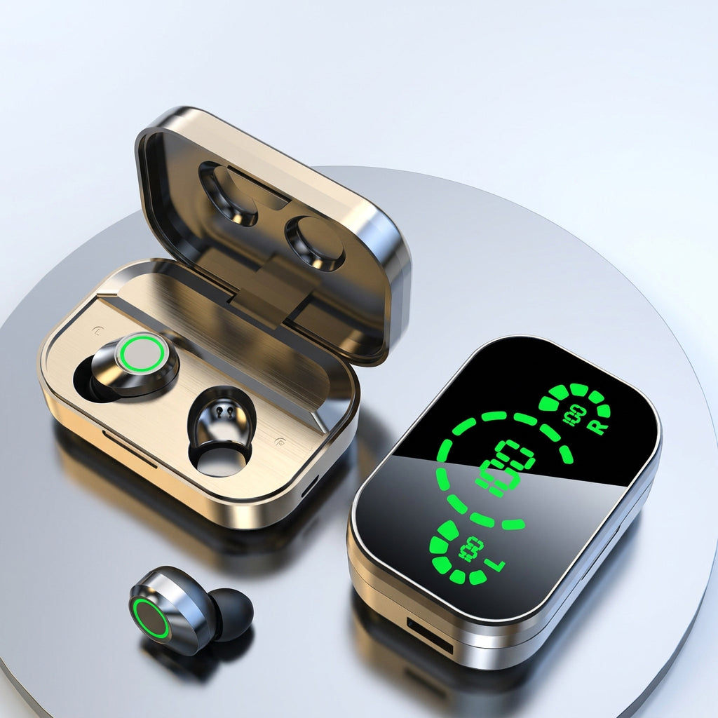 Wireless earbuds with charging case showing LED battery display