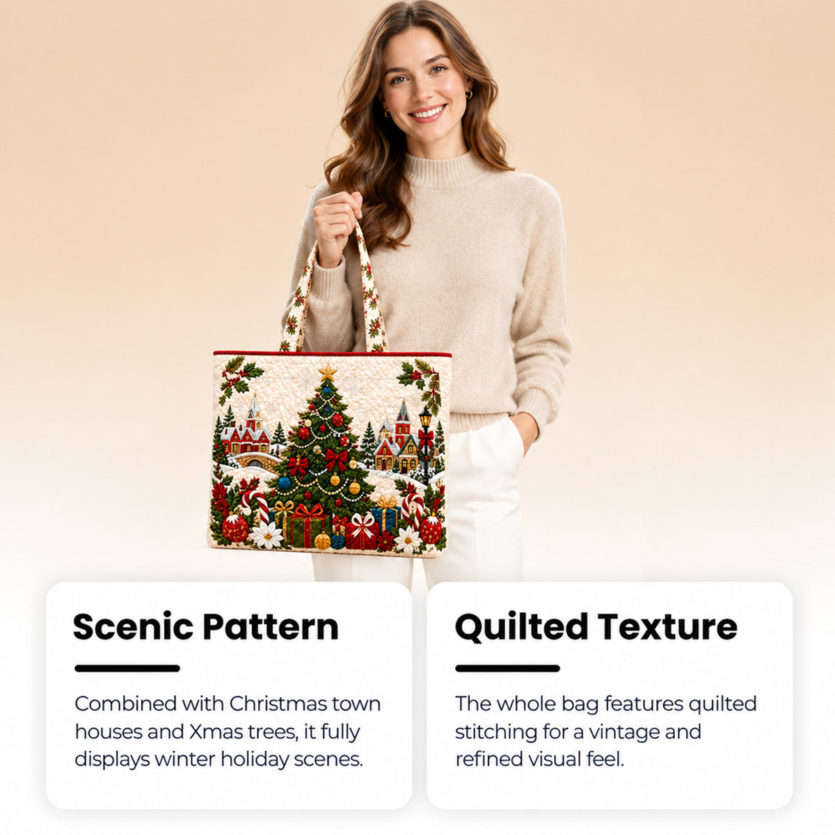 Woman carrying a quilted Christmas tote bag with scenic Christmas town pattern