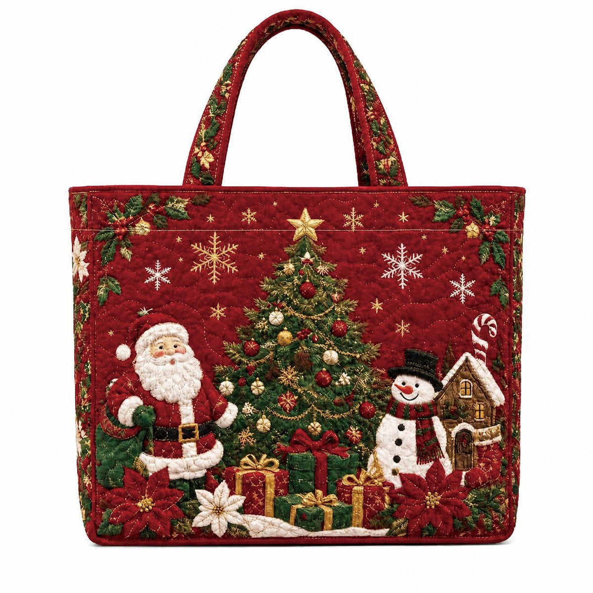 Quilted Christmas tote bag with retro embroidery Santa and snowman design