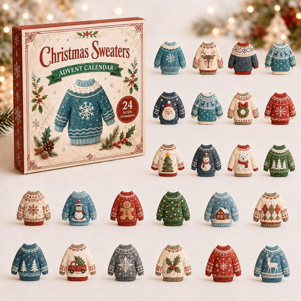 Christmas sweaters advent calendar box with twenty-four miniature acrylic sweater ornaments displayed around it.