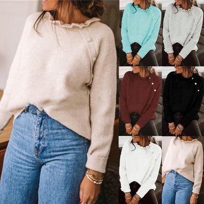 Soft Knit Sweater in Relaxed Fit with Enhanced Ease and Ruffle Neck