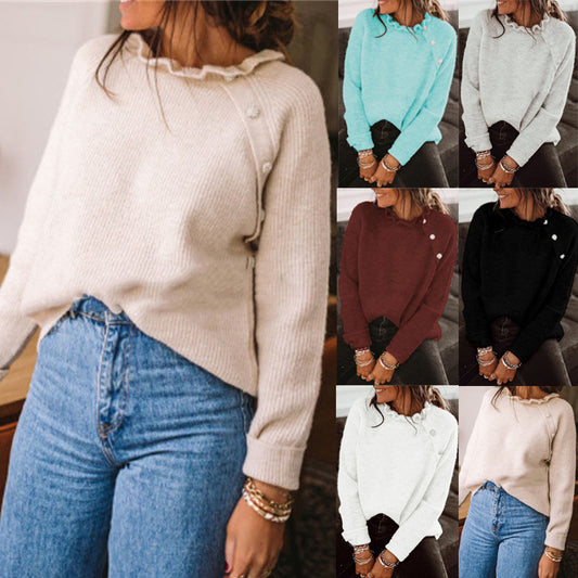 Soft Knit Sweater in Relaxed Fit with Enhanced Ease and Ruffle Neck