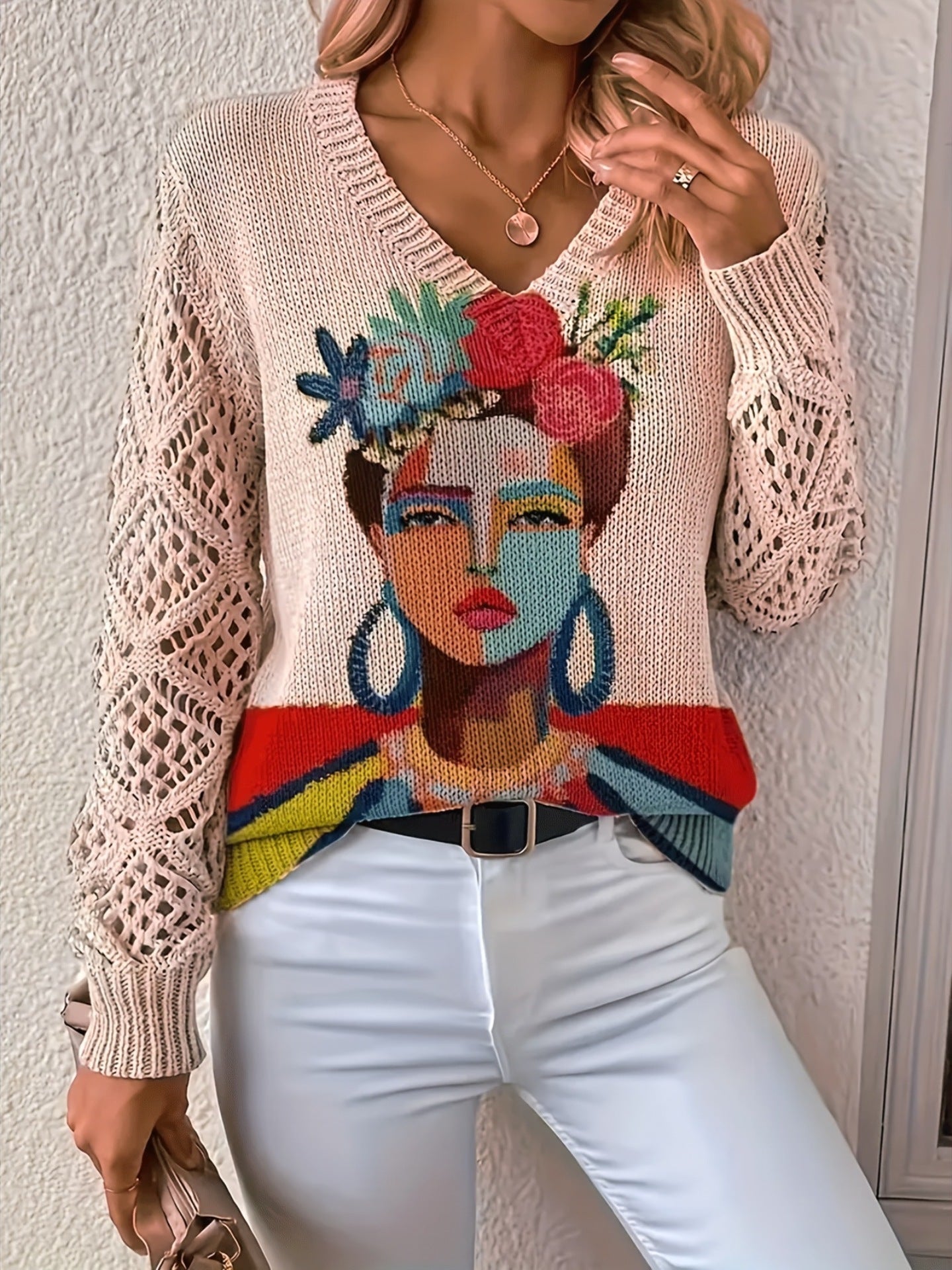 Textured Knit Long Sleeve Pullover For Spring And Autumn Regular Fit