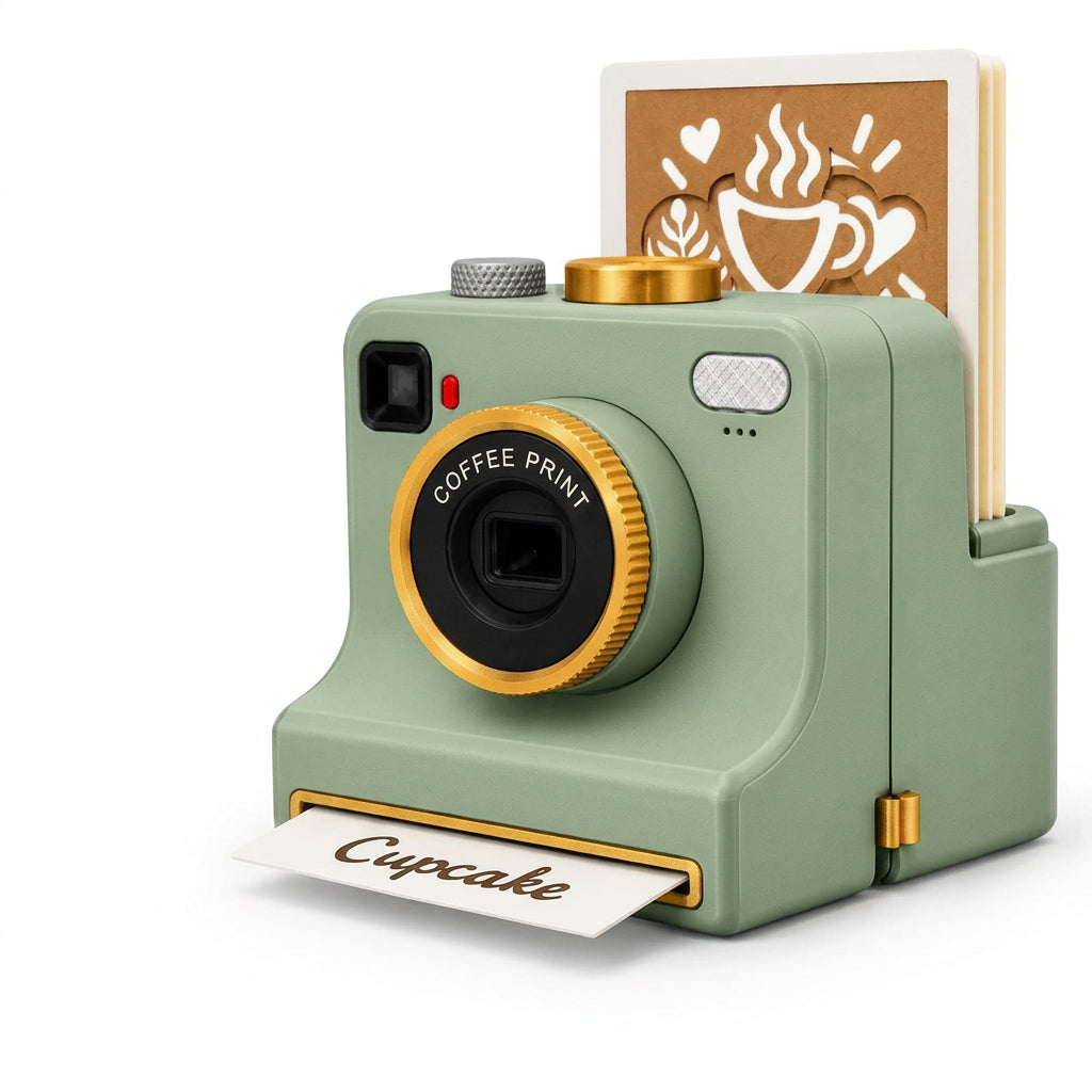 Sage green instant camera with gold accents dispensing a photo with Cupcake text and holding latte art design cards.
