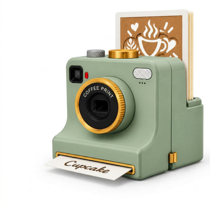 Sage green instant camera with gold accents dispensing a photo with Cupcake text and holding latte art design cards.