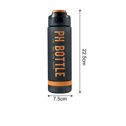 Dark grey water bottle with orange text reading PH BOTTLE and dimension markings for 22.5cm height and 7.5cm width.
