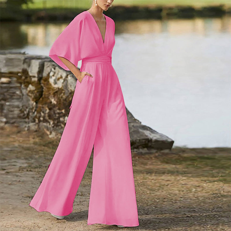 Wireless Jumpsuit with Deep V-Neck and High Waist for Women
