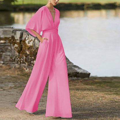 Wireless Jumpsuit with Deep V-Neck and High Waist for Women