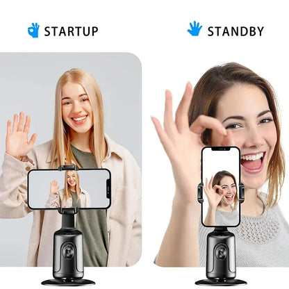 AI face tracking phone gimbal showing startup and standby gesture controls with a smartphone mounted.