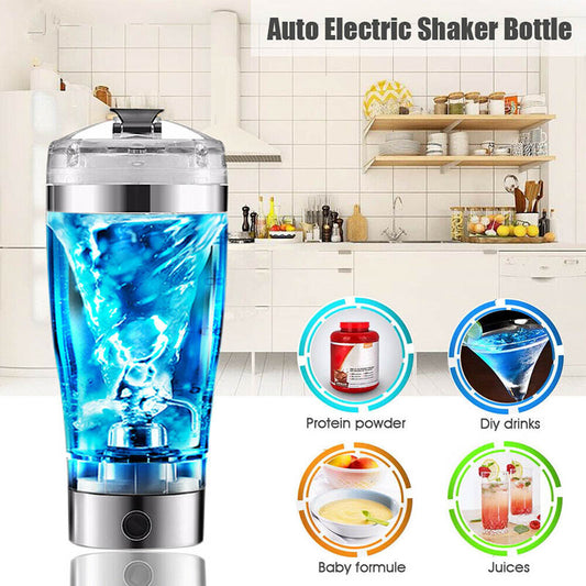 Electric shaker bottle with swirling blue liquid, against a kitchen background with small inset usage circles.