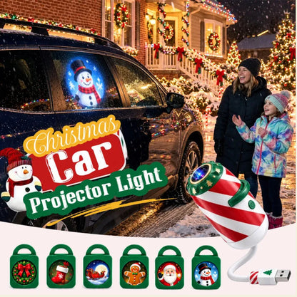 Christmas projector light with red and white candy cane pattern and six interchangeable holiday slides.
