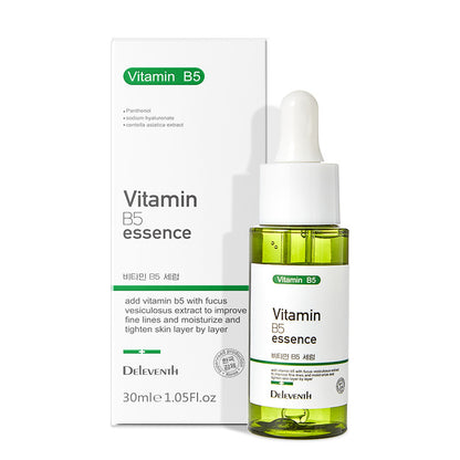 Vitamin B5 essence box and green dropper bottle with ingredient list
