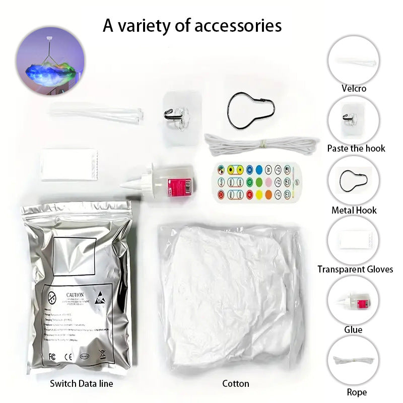 Cloud lamp DIY kit with white cotton, LED light, and remote control for easy home decor assembly.