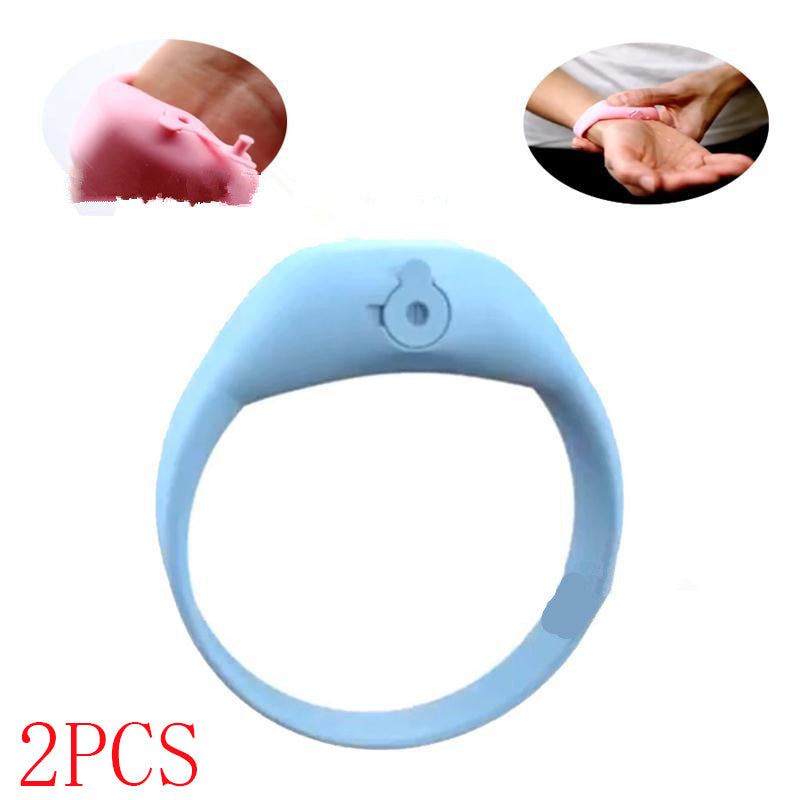 Light blue silicone hand sanitizer dispenser bracelet laid flat with two inset demonstration photos.
