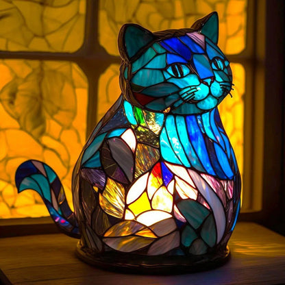 Home decor animal sculpture lamp ambient night light cat shape stained glass