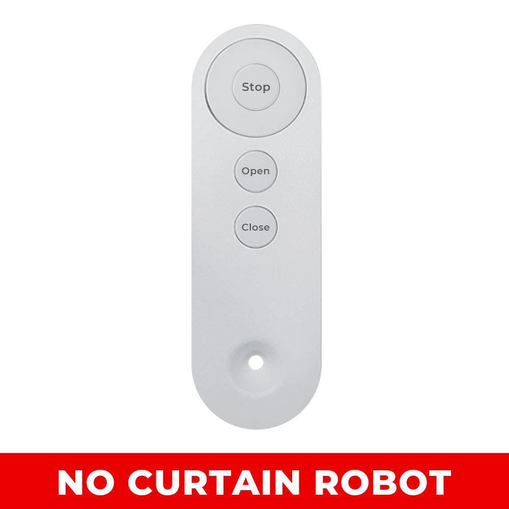 White remote control with Stop, Open, and Close buttons on a white background.