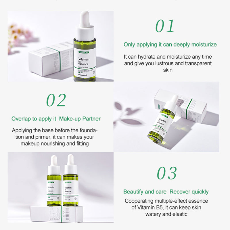 Vitamin B5 essence usage steps with bottle and box photos