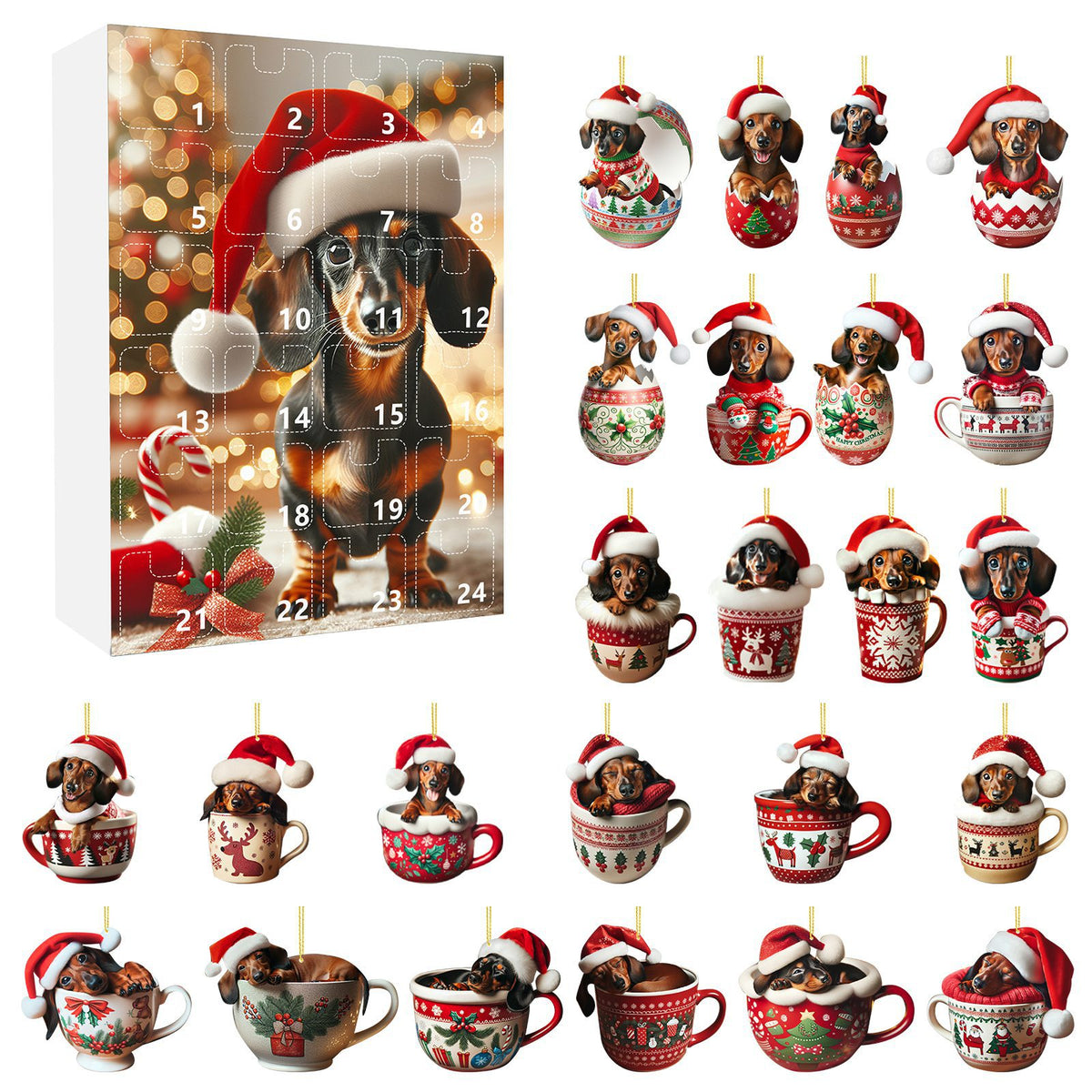 Advent calendar box with a dachshund in a Santa hat, alongside twenty-four hanging dachshund ornaments.