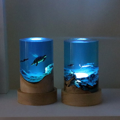 Ambient Fish Tank Desk Lamp with Solid Wood and Resin Cylinder Creates Warm Ambient Glow for Modern Home Office