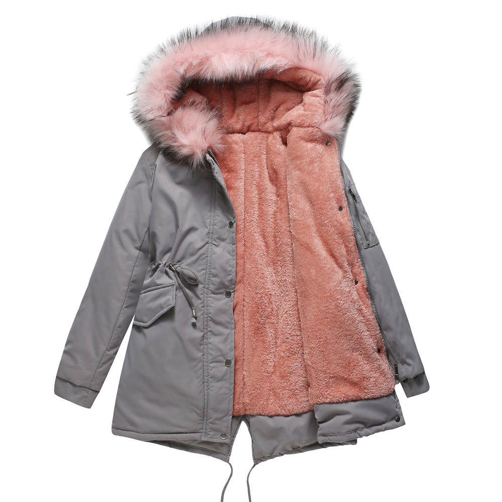 Grey mid-length hooded parka coat with pink faux fur lining and trim.