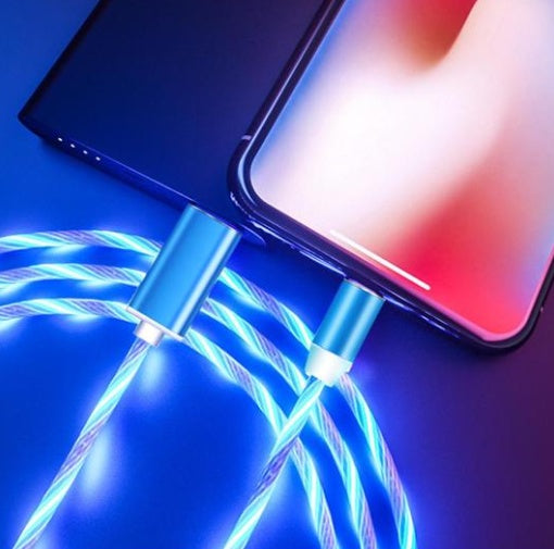 Glowing blue LED magnetic charging cable connected to two smartphones.