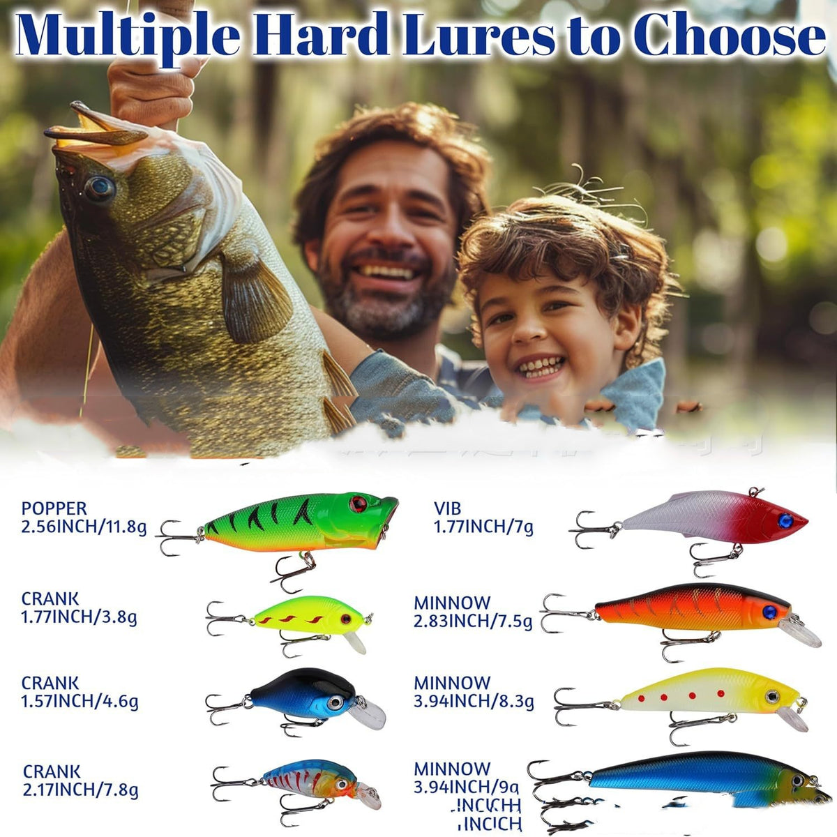 A variety of colorful hard fishing lures including poppers, crankbaits, and minnows with size and weight labels.