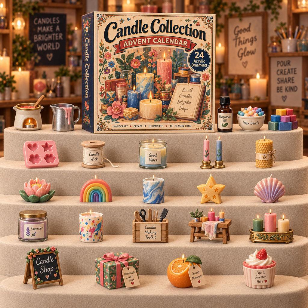 Advent calendar box surrounded by miniature candles, wax beads, and candle-making tools on tiered steps.