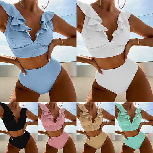 Lace Deep V-Neck Split Swimsuit Bikini - Elegant Two-Piece Beach Swimwear