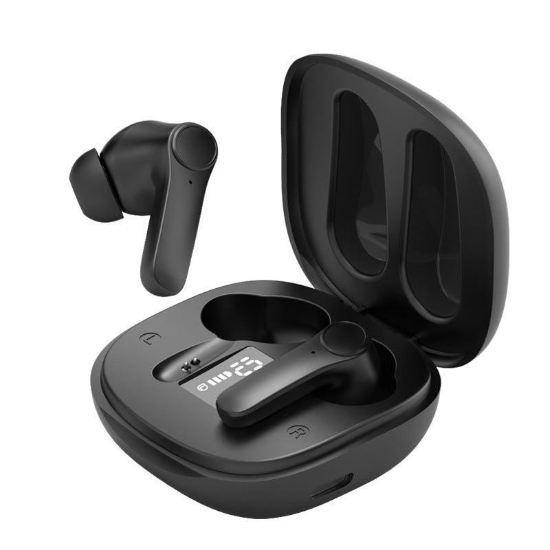 Black wireless earbuds with one resting in an open charging case showing a digital battery display and one beside it.