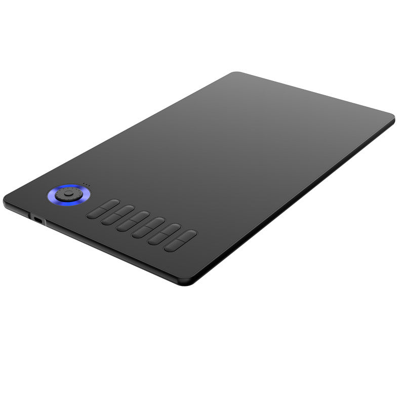 Black drawing tablet angled with a glowing blue dial and shortcut buttons along the side.