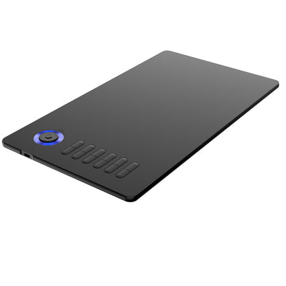 Black drawing tablet angled with a glowing blue dial and shortcut buttons along the side.